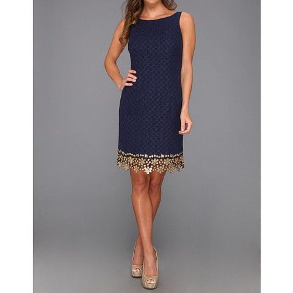 Lilly Pulitzer Dawson Dress Sheath Blue Lace Gold Sequin Shift 0